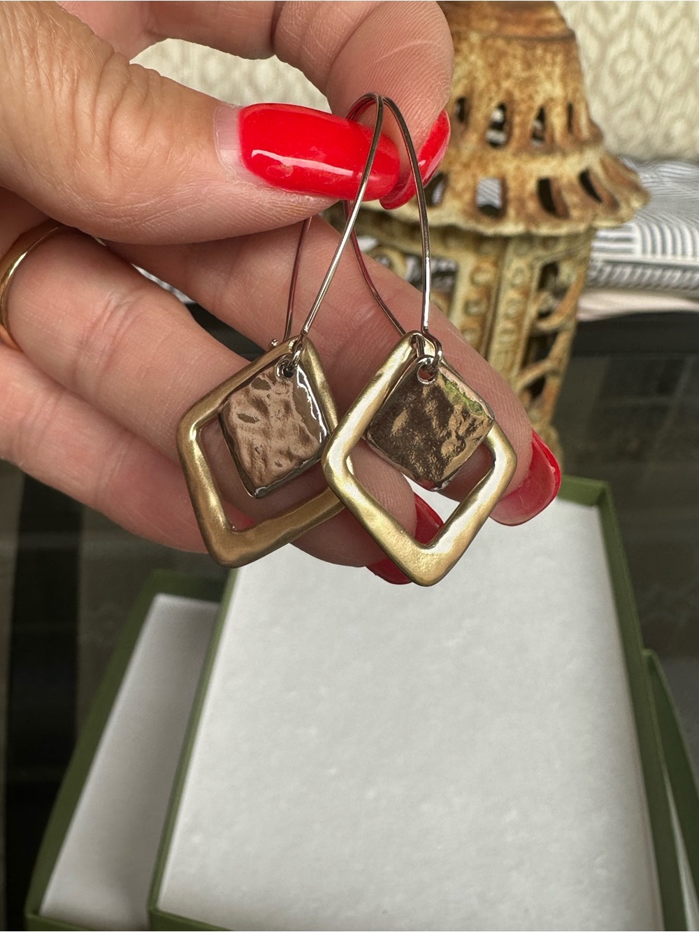 Chico's Two-Tone Geometric Square Drop Earrings.